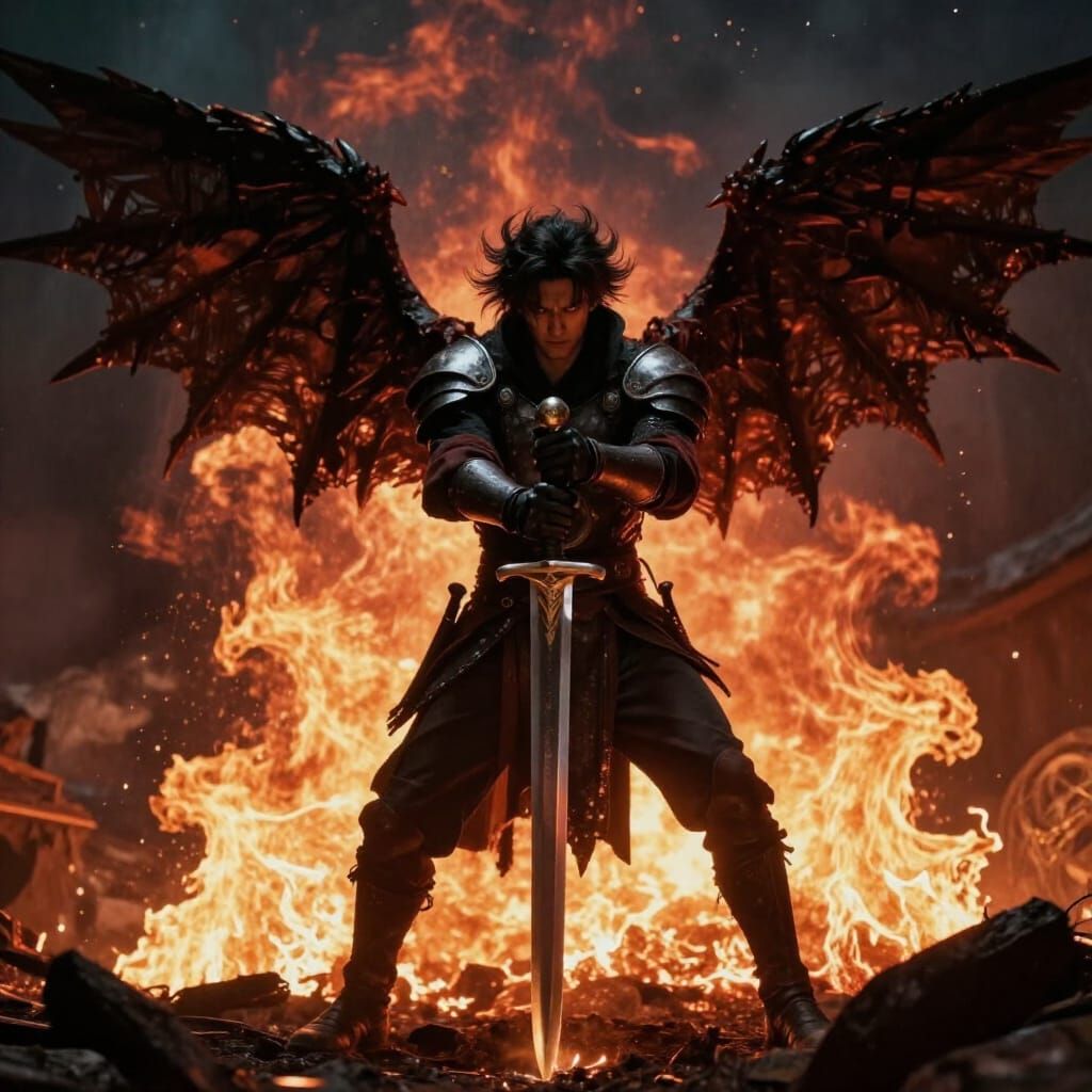 Warrior Angel Battles Lucifer in Dark Inferno