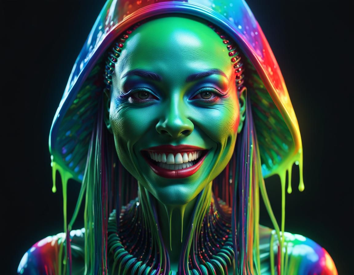 Surreal Alien Shapeshifter Portrait in Neon Drip Paint