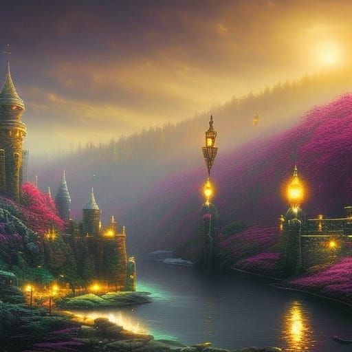 Ethereal Fantasy Cityscape at Night in Kinkade Style