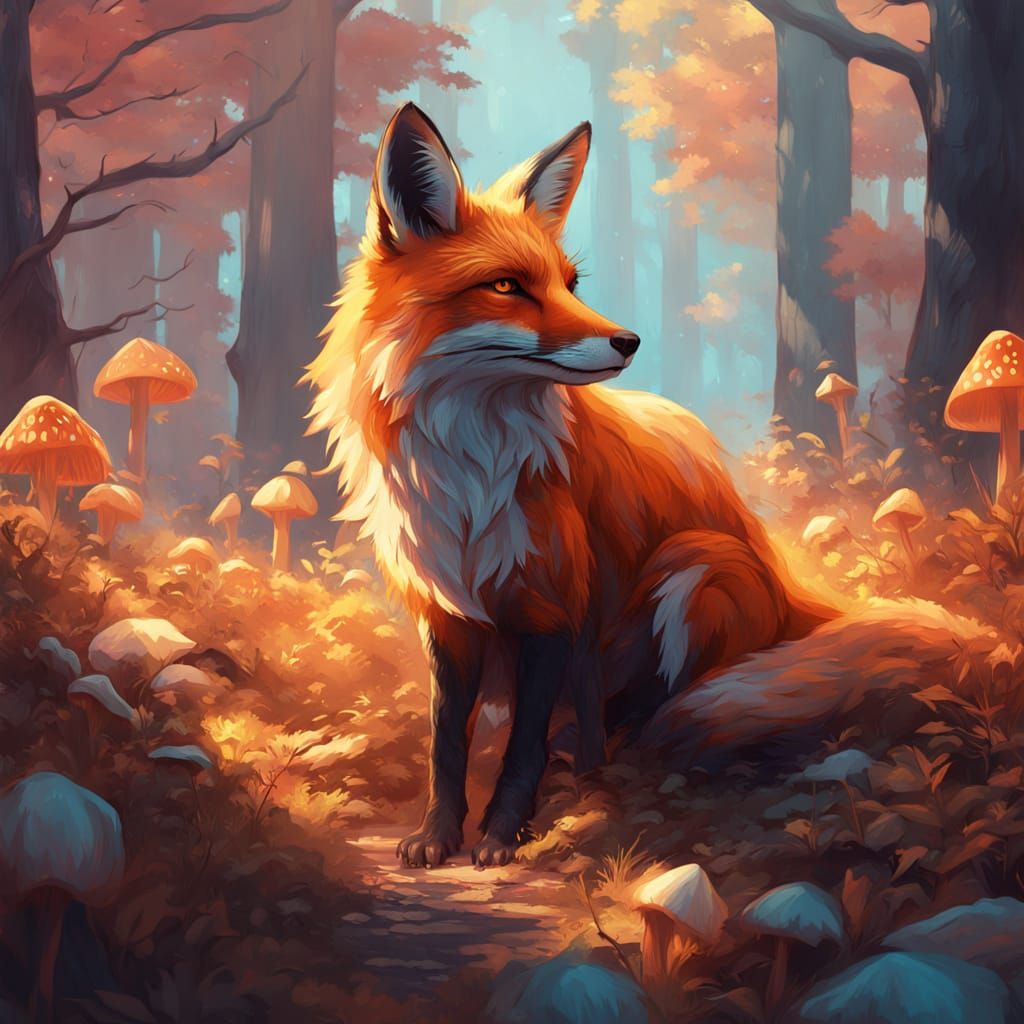 Fox in Mushroom Forest: Fauvist Concept Art
