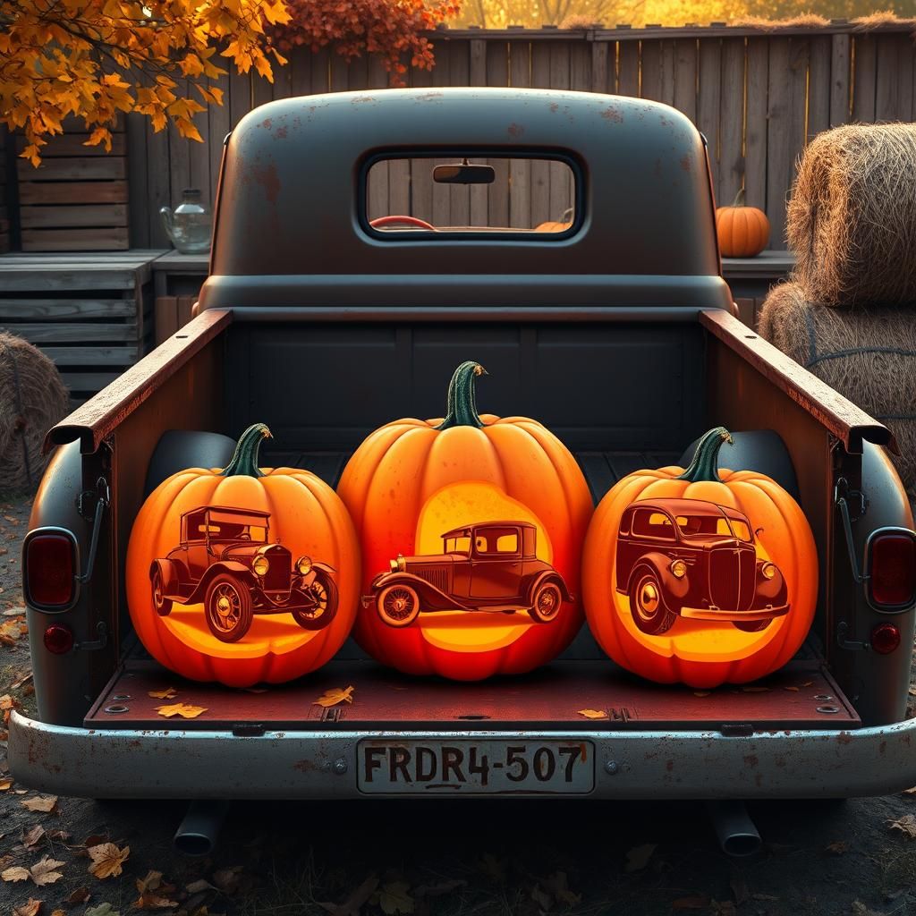 Ford Truck with Carved Pumpkins in Kinkade Style