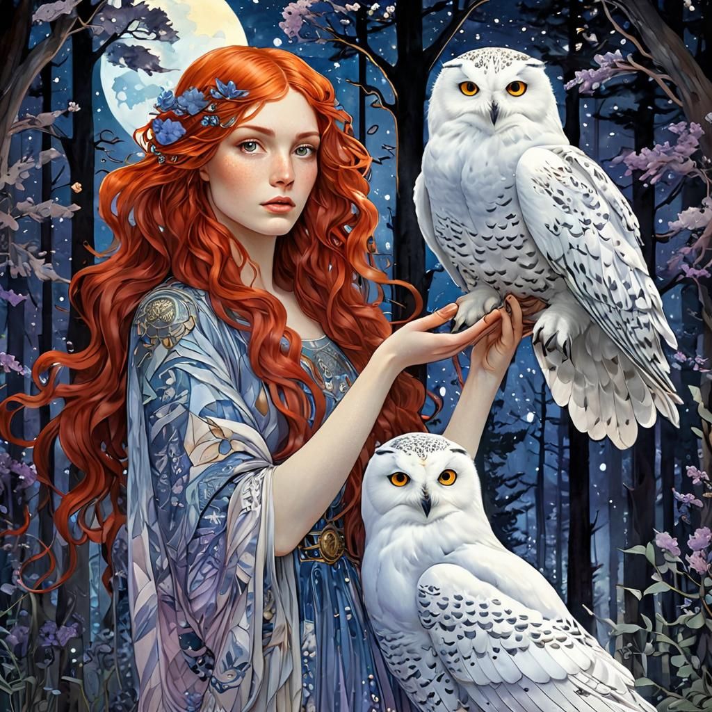 Girl with Owl in Summer Forest, Art Nouveau Style