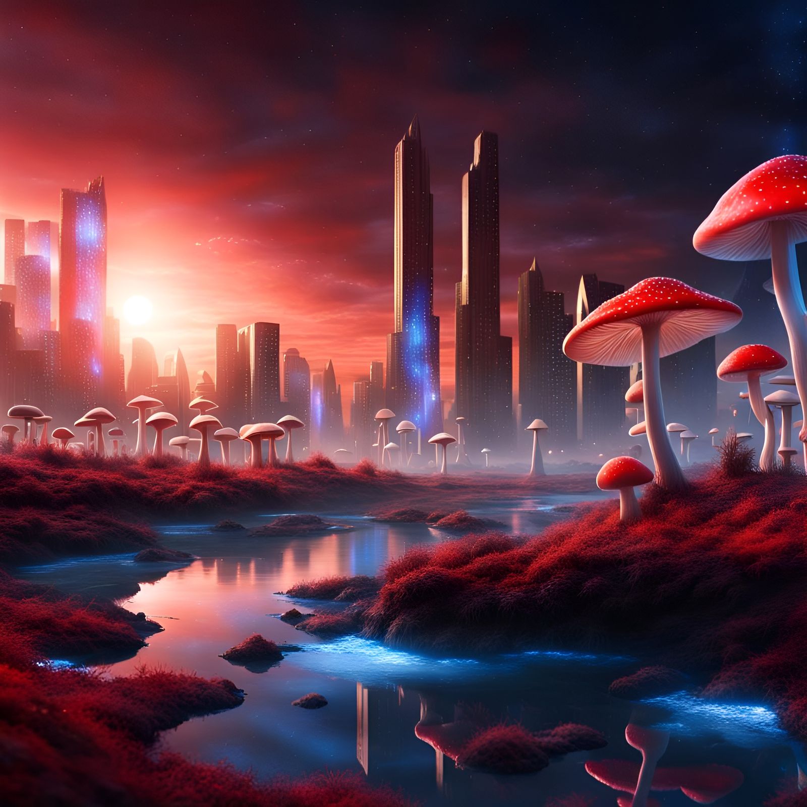 Surreal Sci-Fi Cityscape with Crystal Architecture