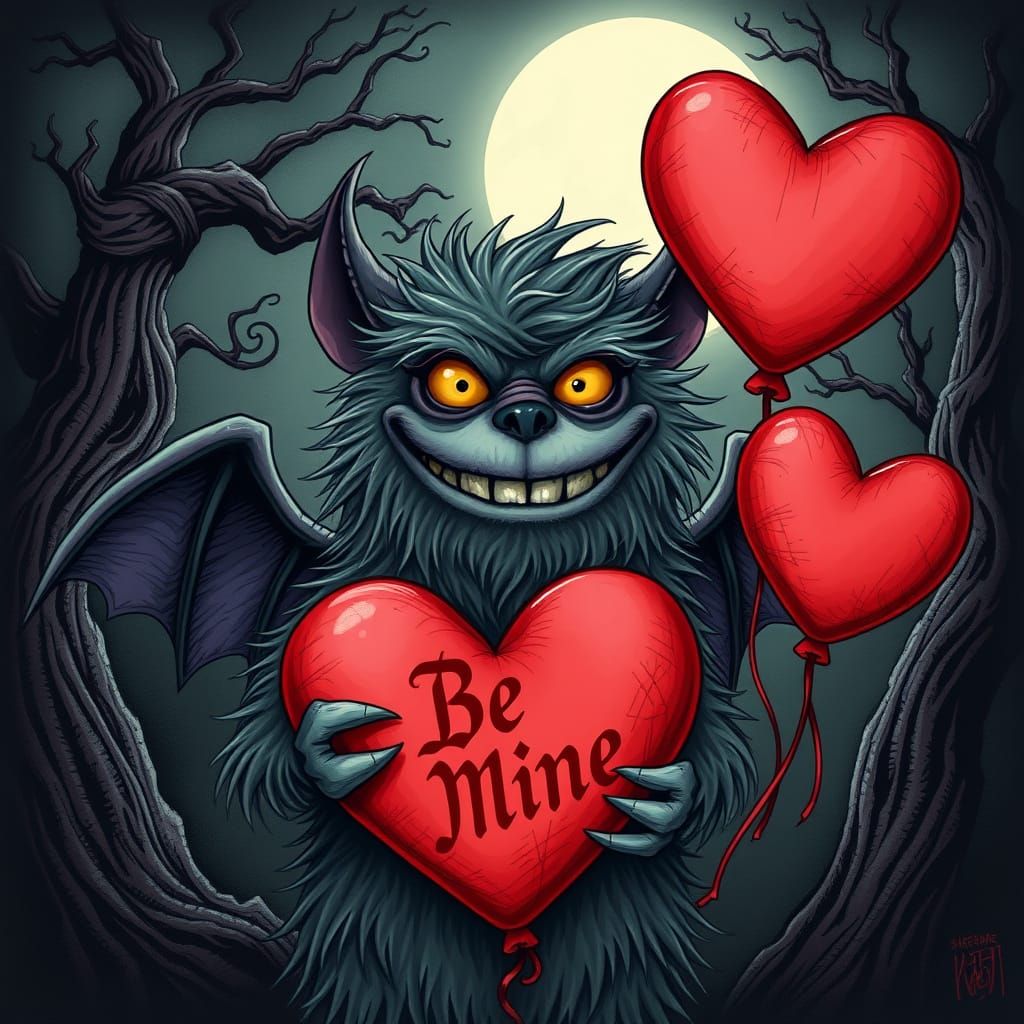 Whimsical Valentine Monster with Blood-Red 'Be Mine' Heart