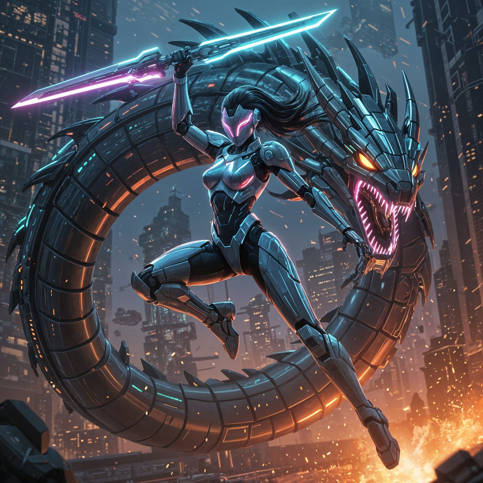 Futuristic Robot Warrior Strikes Dragon in Cyberpunk Style