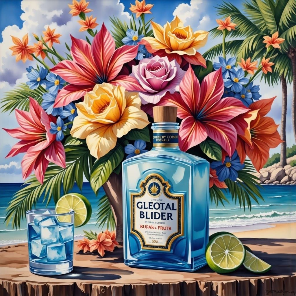 Ice Blue Alcohol and Tropical Flowers in Gouache Style
