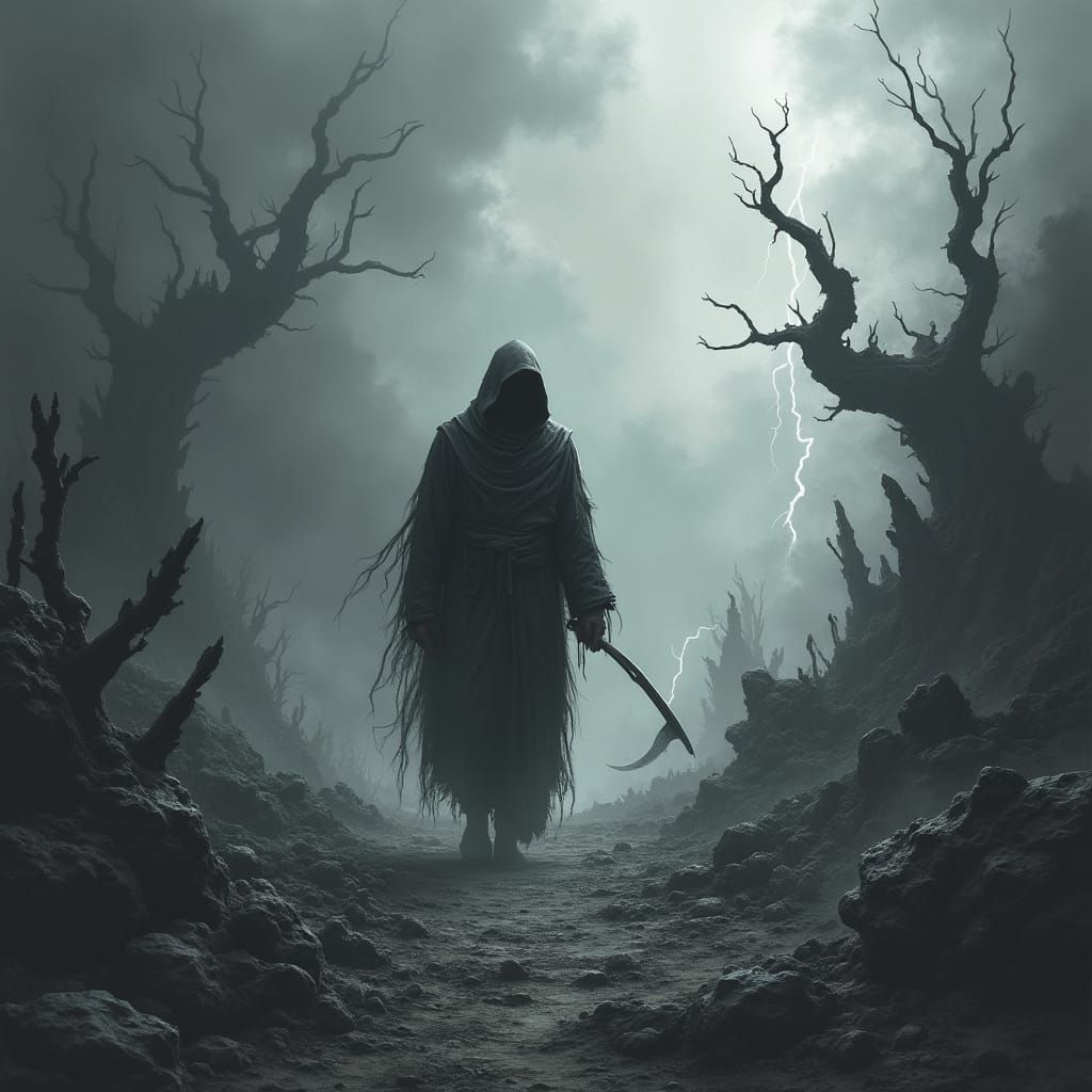 Mysterious Wanderer Walks Through Desolate Gray Wasteland