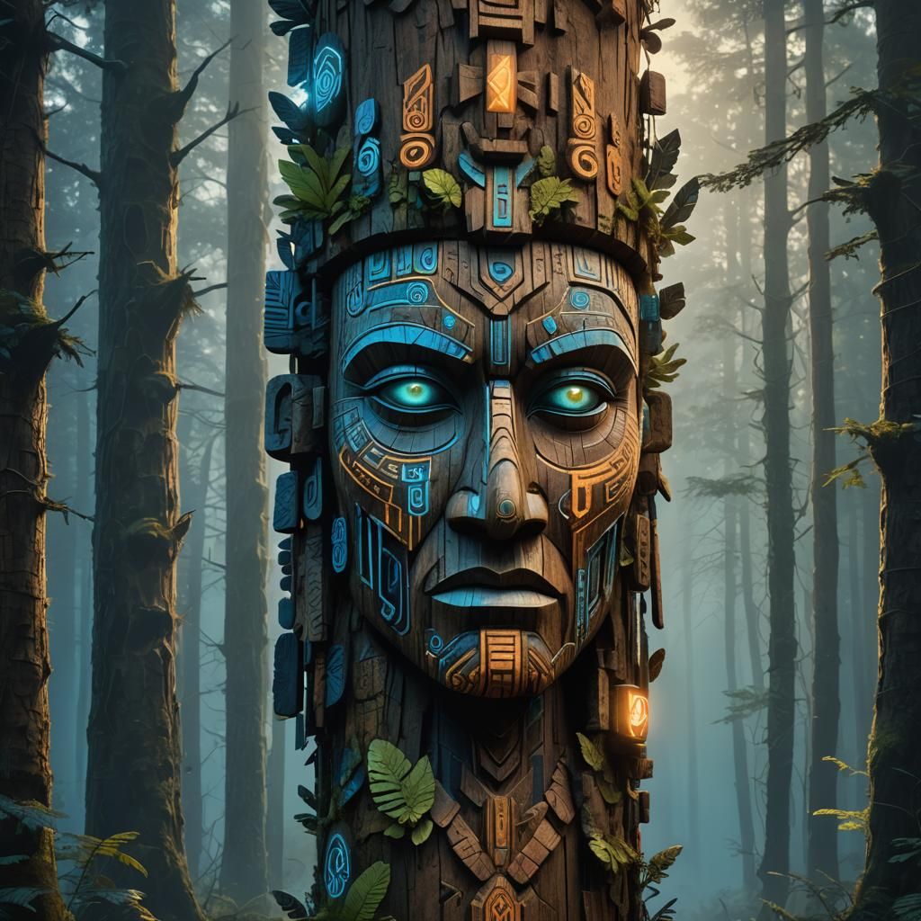 Mysterious Totem Pole Portrait in Art Nouveau Style