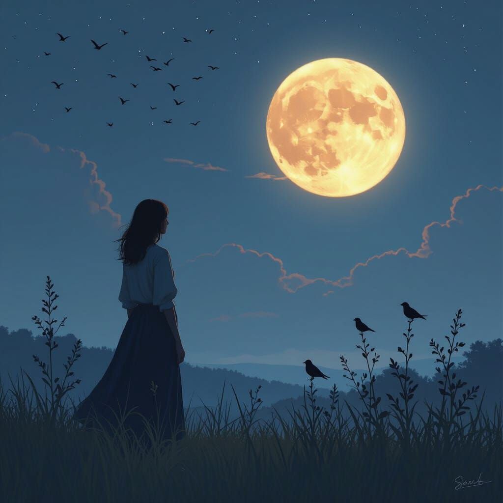 Ethereal Dreamscape: Woman in Moonlit, Digital Painting