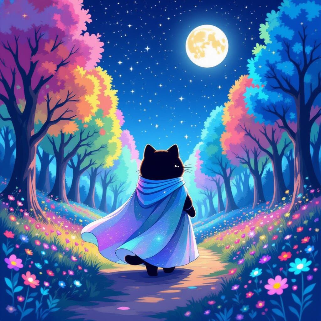 Pusheen's Stardust Journey Through Rainbow Forest