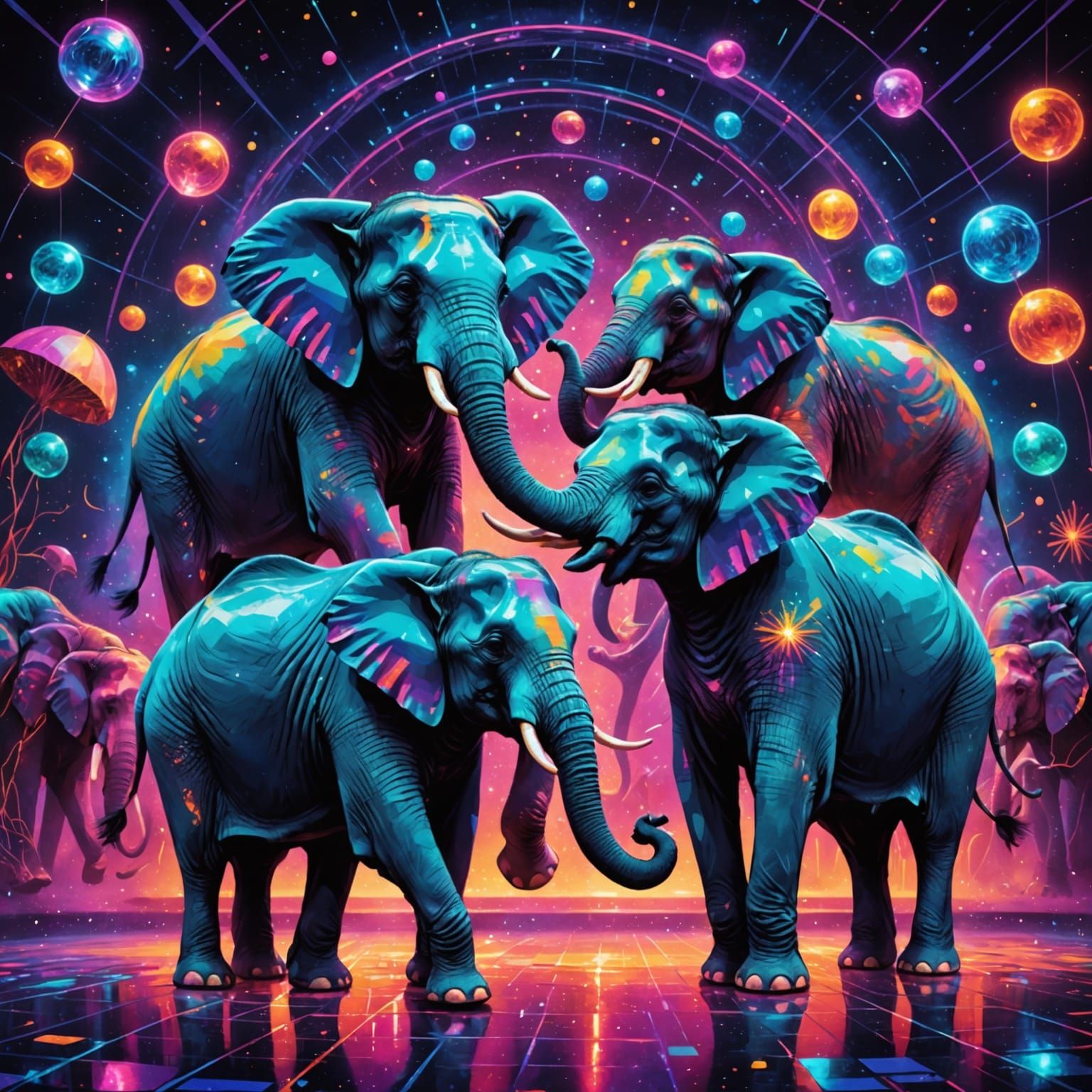 Ethereal Disco Elephants in Vibrant Cosmic Style