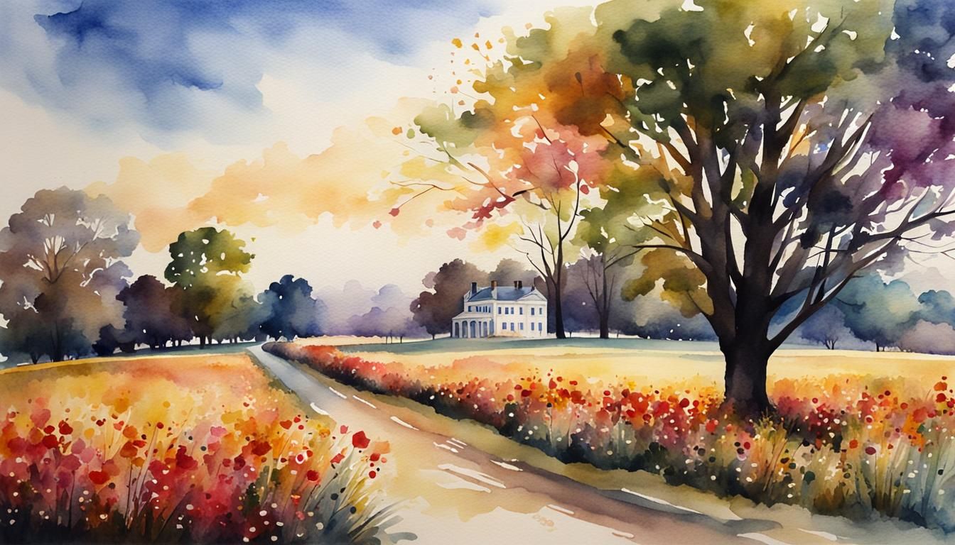 Romantic Watercolour Painting of a Grand House