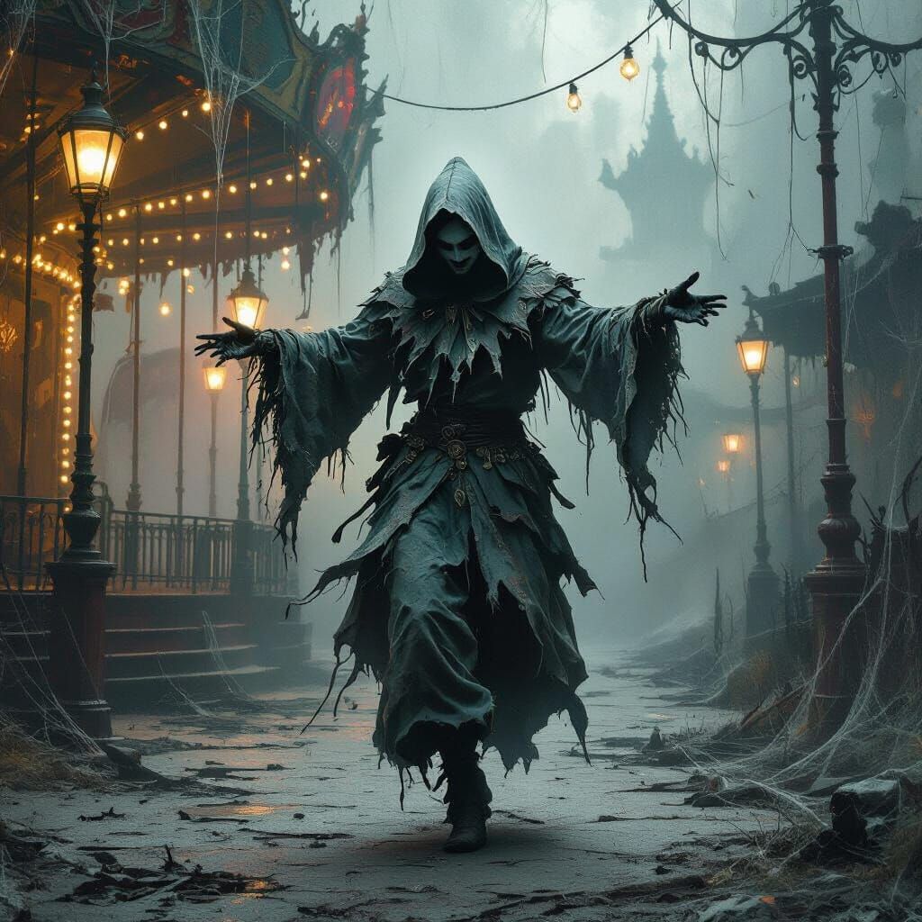 Spectral Jester Dances in Decaying Gothic Carnival