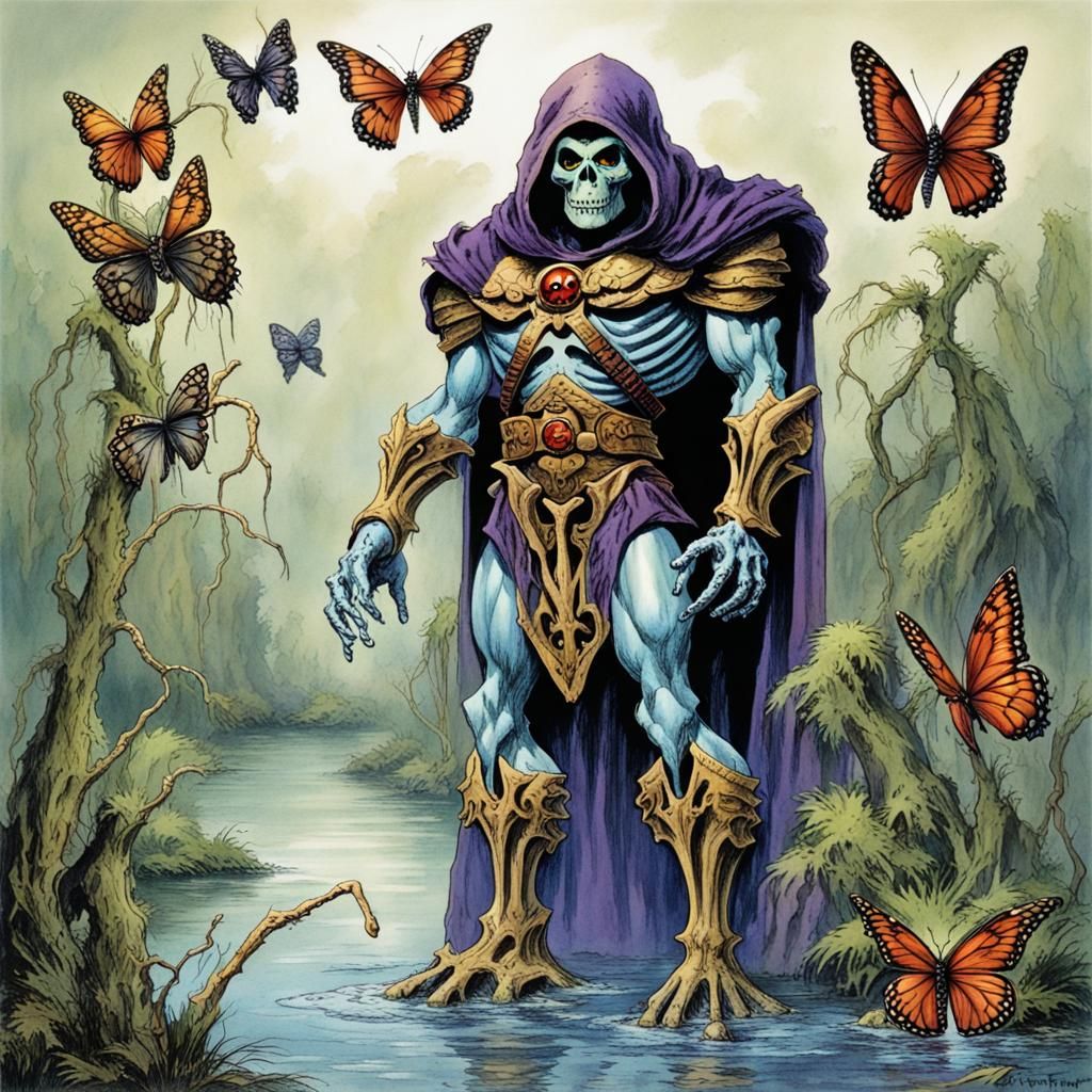 Skeletor in Romantic Swamp with Butterflies