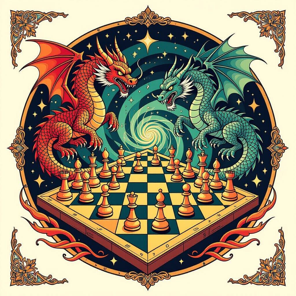 Dragon Chess Game Tattoo Flash Sheet in Art Deco Style