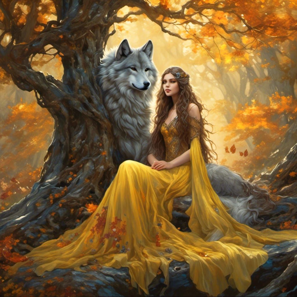 Woodland Nymph and Wolf in Mystical Forest
