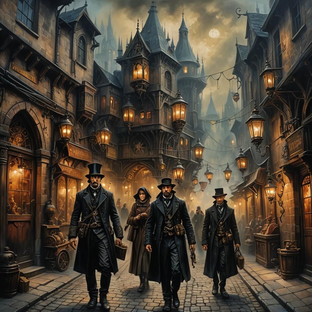 Steampunk Bazaar in Gothic Oil Painting Style