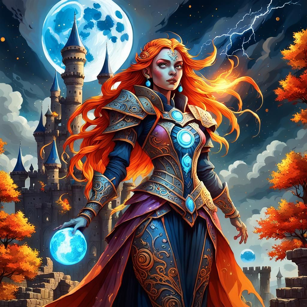 Fire Sorceress in Castle Ruins, Graffiti Art Style