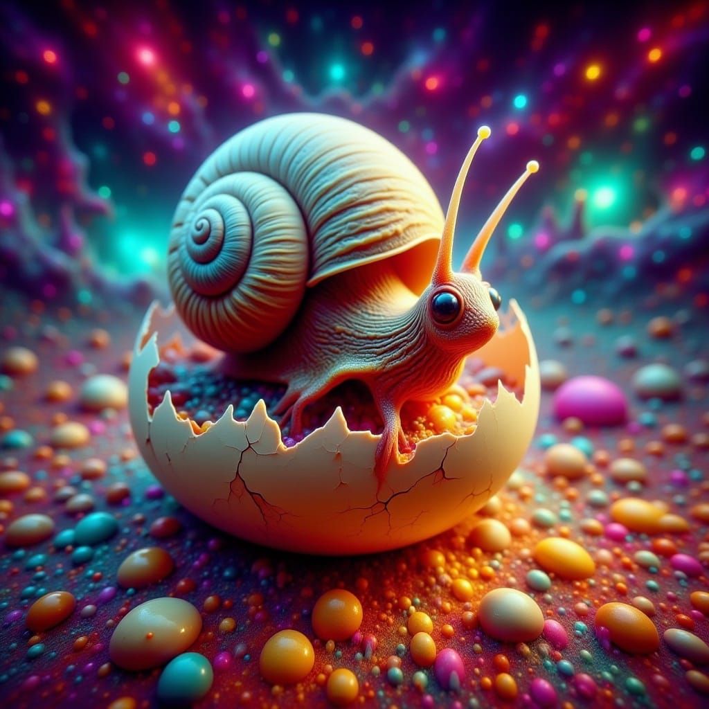 Cute Snail Hatching in Chromatic Surrealism