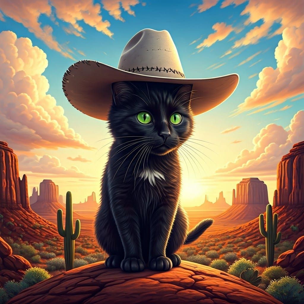 Cat in Cowboy Hat on Desert Mesa