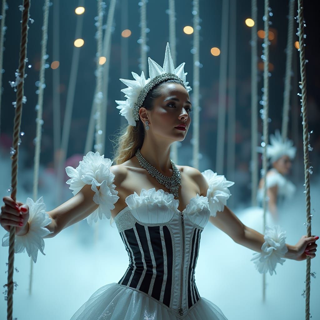 Dazzling Trapeze Artist in Cloud Arena, Magical Realism