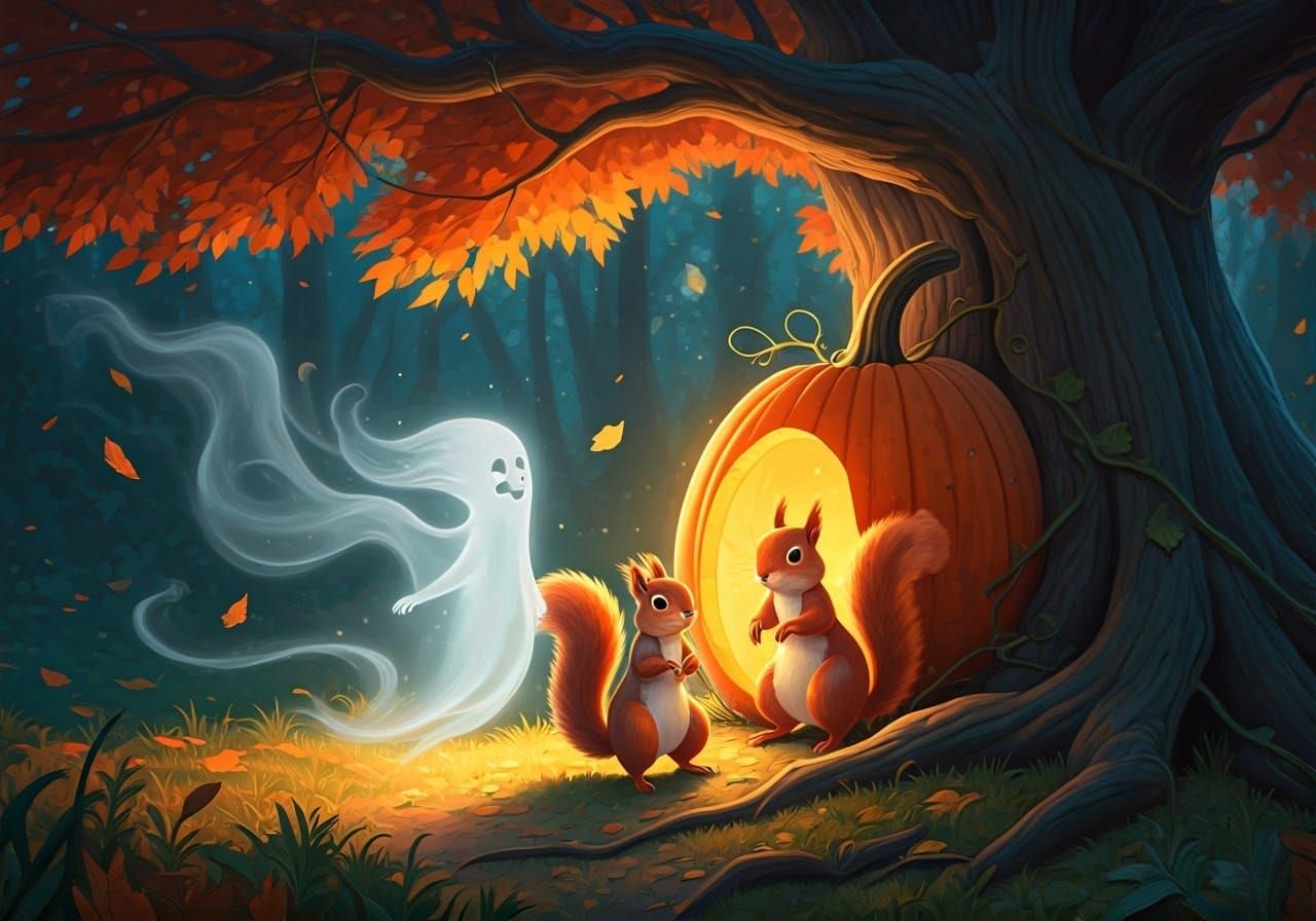 Squirrel Family and Ghost in Autumn Dreamscape