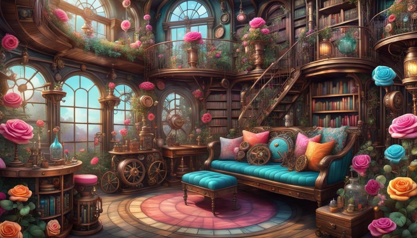 Steampunk Bohemian Secret Garden Library in Candy Art