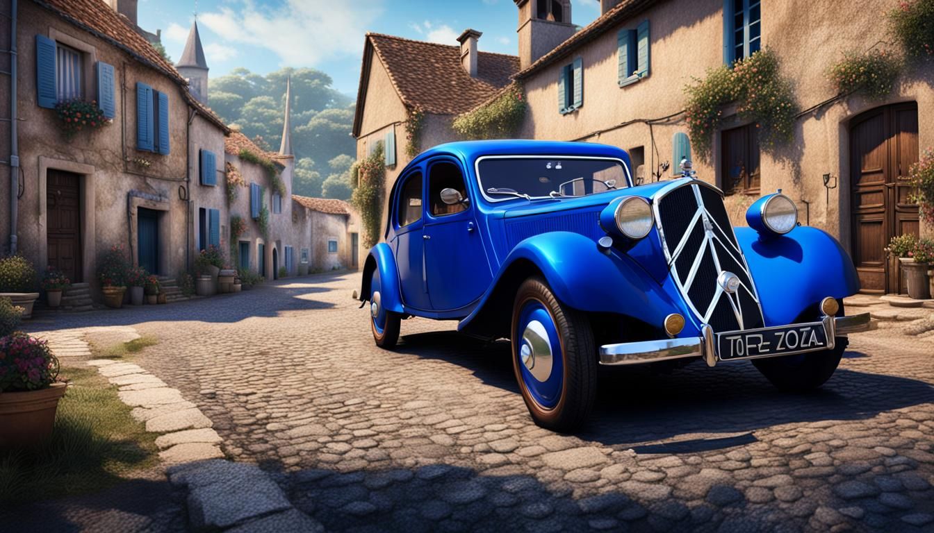 Royal Blue Citroen in French Village, Detailed Matte Paintin...