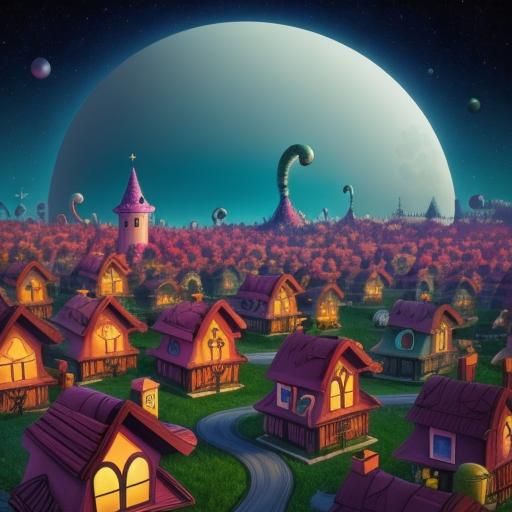 Whimsical Whoville Landscape in Tim Burton Style