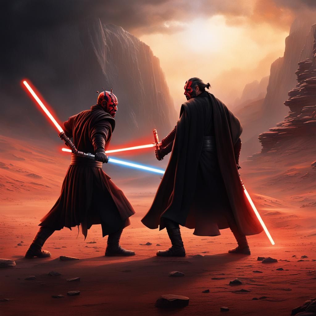 Darth Maul and Qui Gon Jinn in an epic lightsaber duel