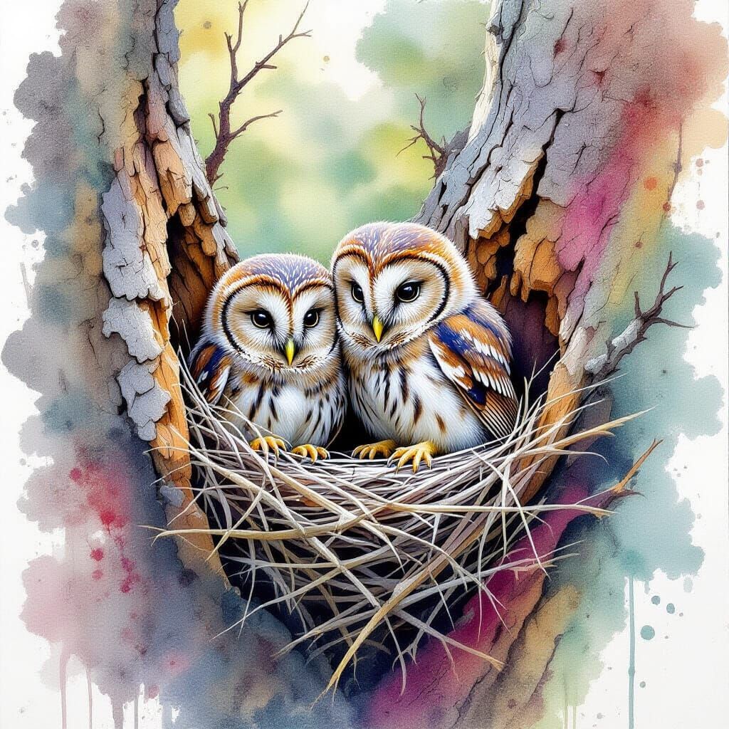 Tiny Owlets Nesting on Tree Bark in Watercolour Style
