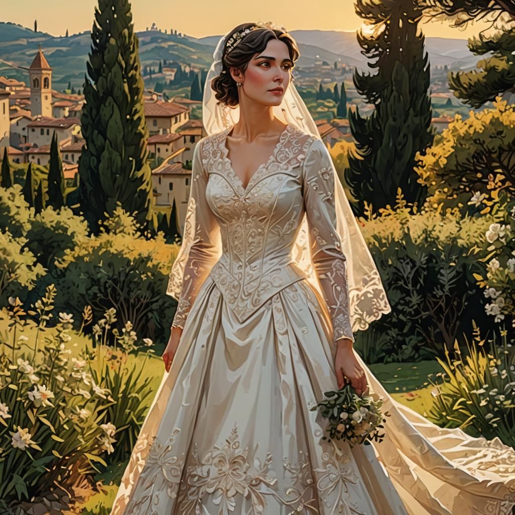 comic art portrait, jubilating sweet bride of the 1900s, exquisite outfit, extravagant wedding dress , in action with o...