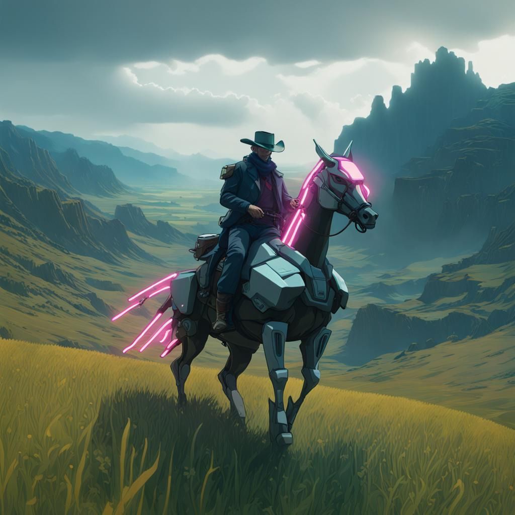 Cowboy Rides Gundam Horse in Cyberpunk Landscape