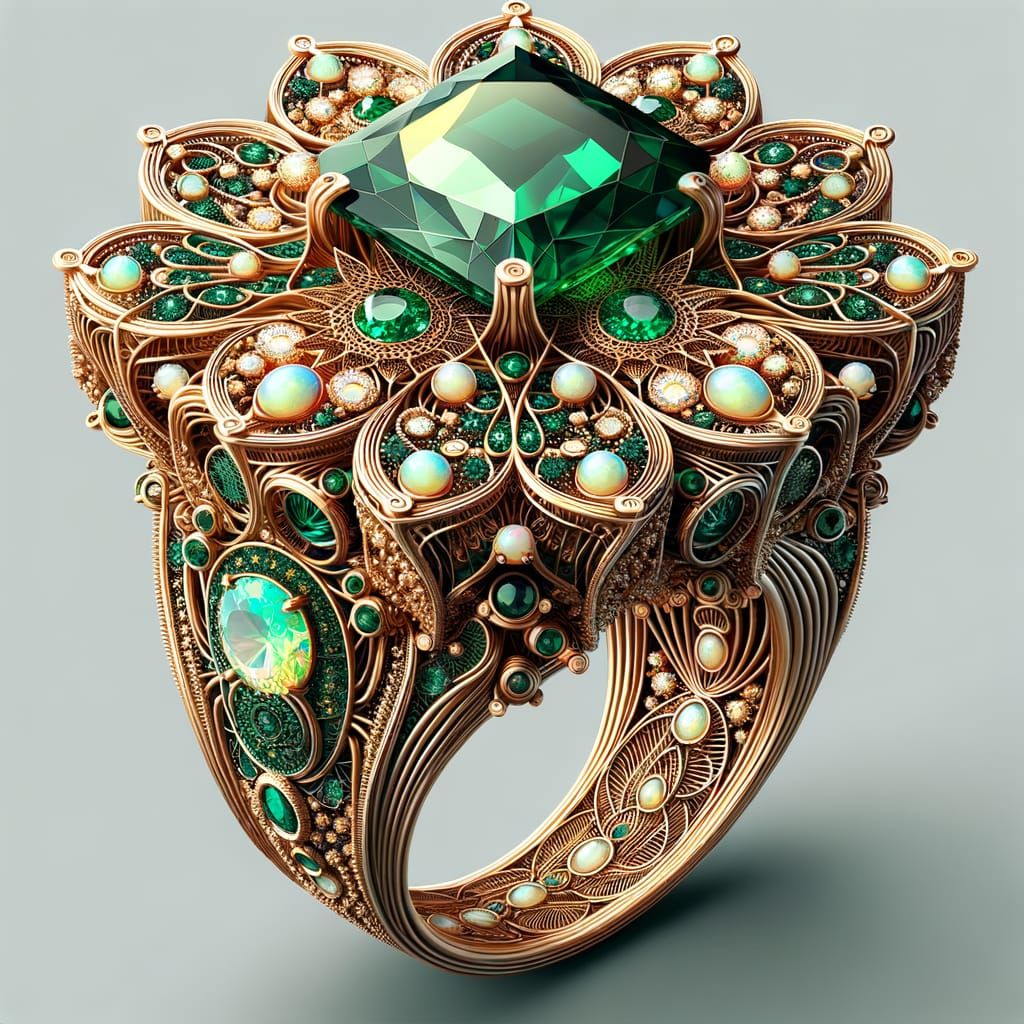 Gothic Gold Ring with Emerald, Jade, and Opals in Abstract F...