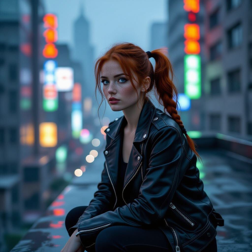 Redhead on Rooftop Overlooking Cyberpunk City