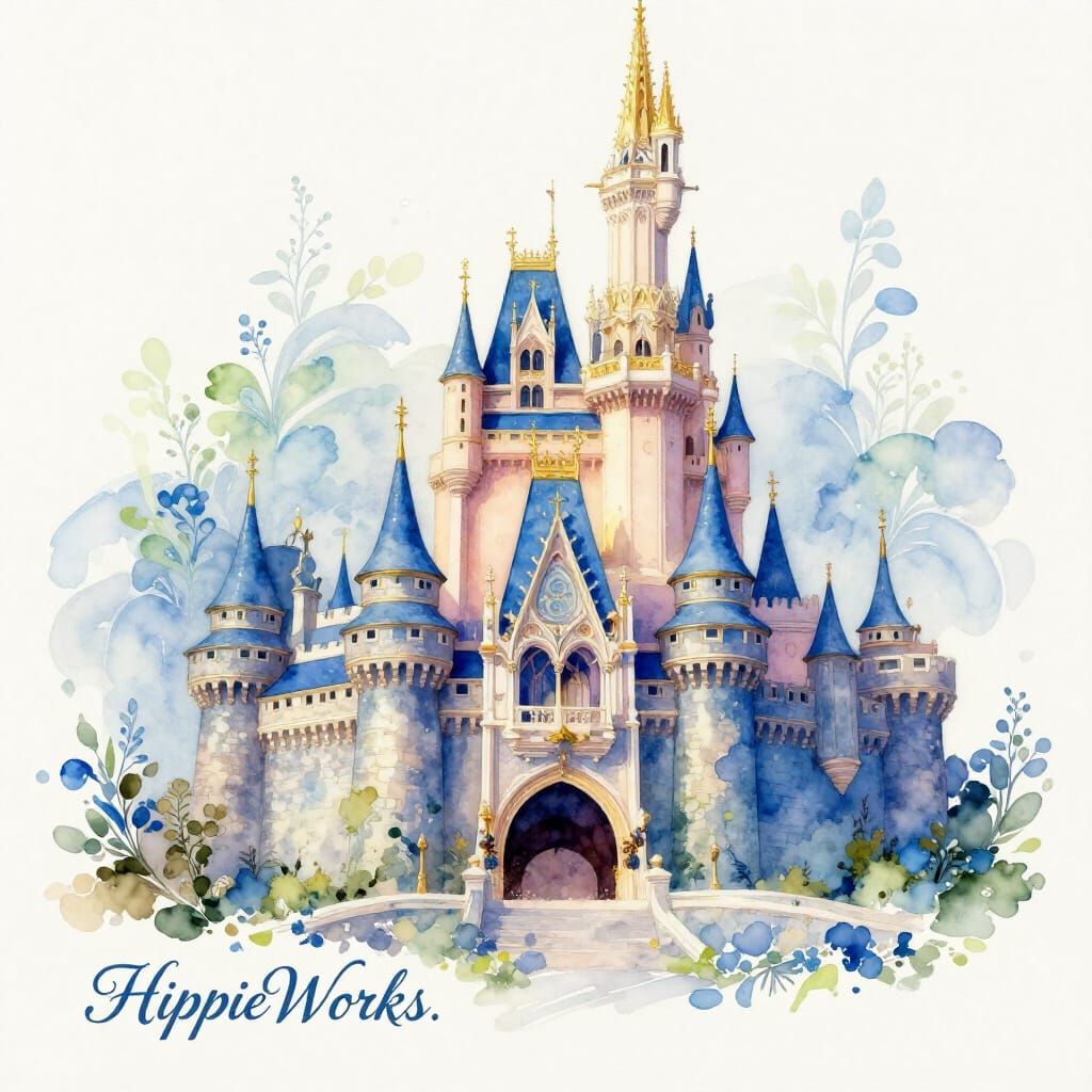 Blue Watercolor Castle with Gold Accents and Floral Designs