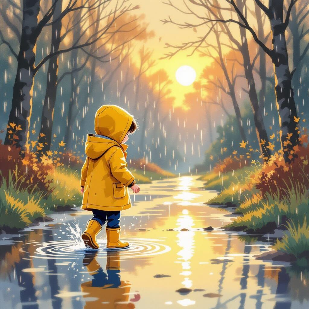 Child Splashing in Golden Rain: Dreamy Digital Art