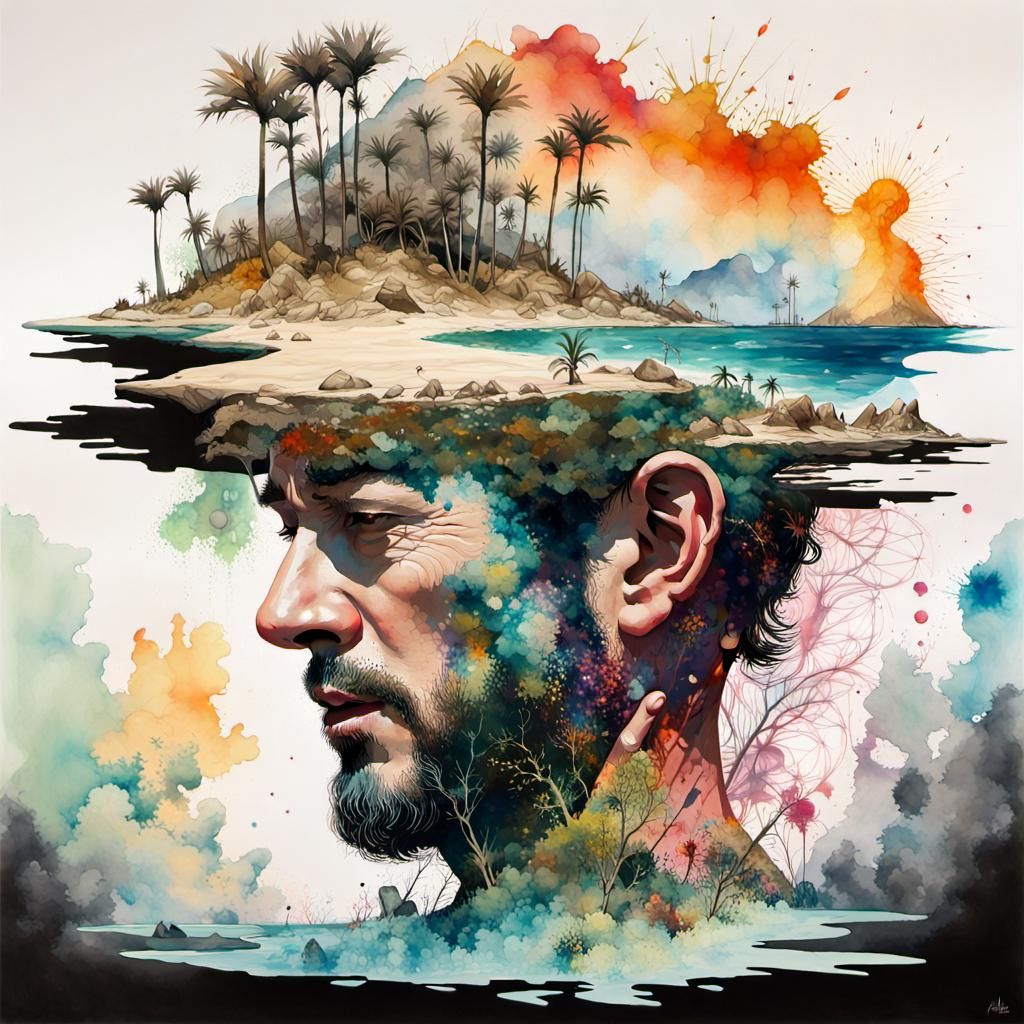 Tropical Island Paradise with Stormy Seascape, Comic Book Ar...