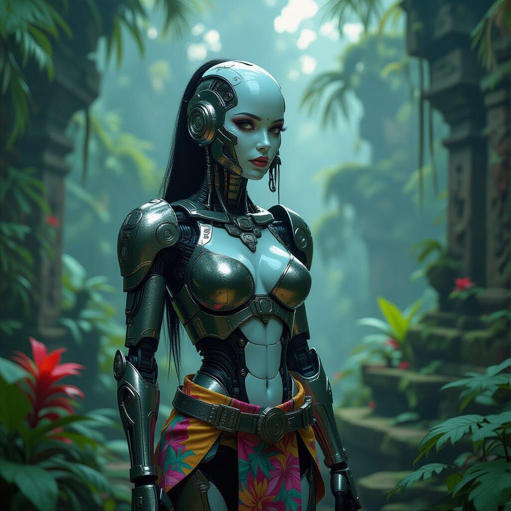 Cyborg Bonehead Exploring Ruins in Amazon Jungle