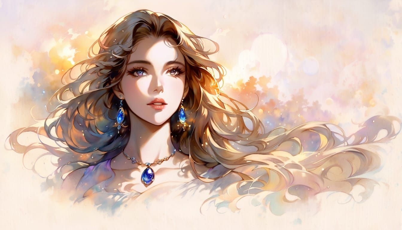 Elegant Woman with Sapphire Jewelry in Watercolor Style