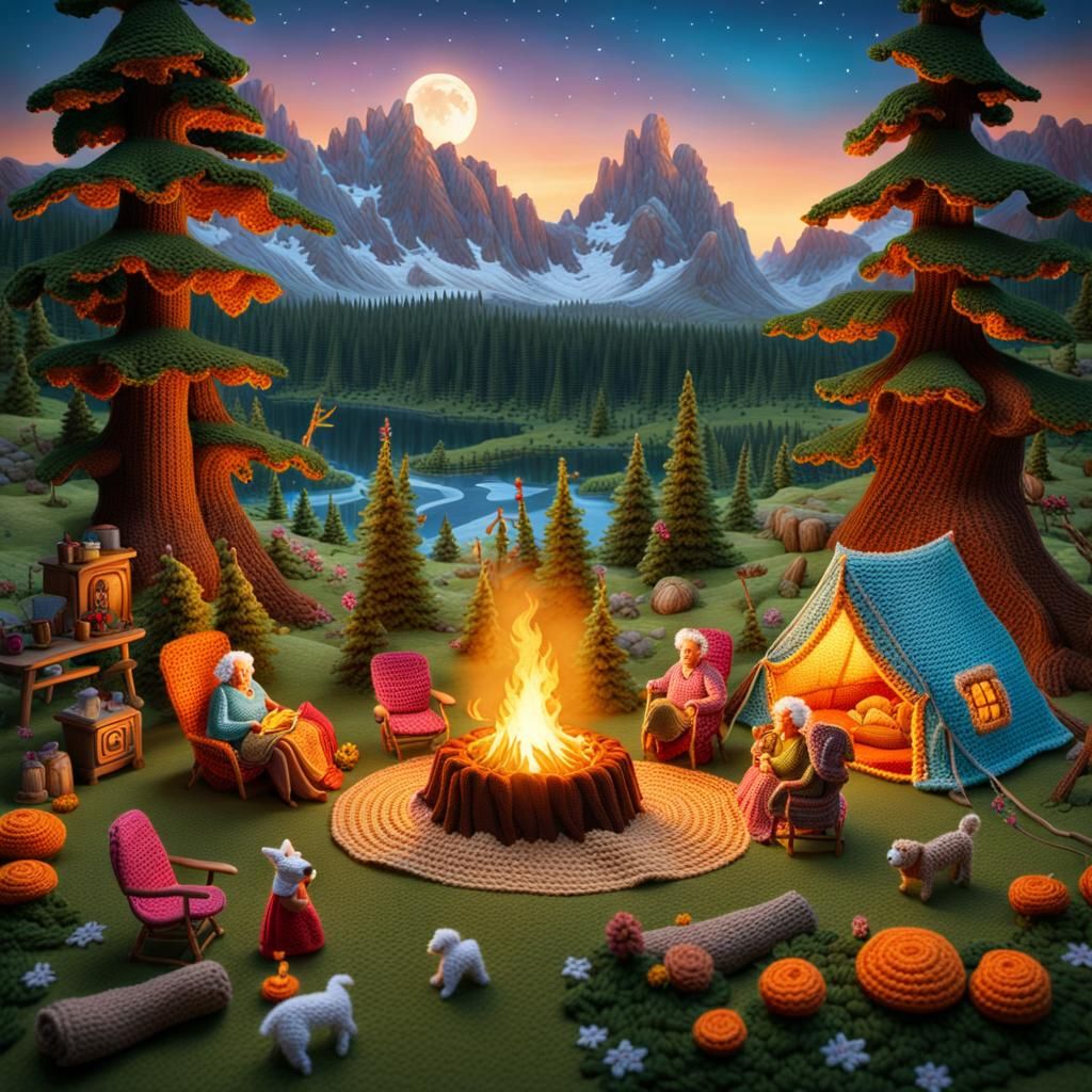 Crochet Camping Scene with Old Ladies and Dogs
