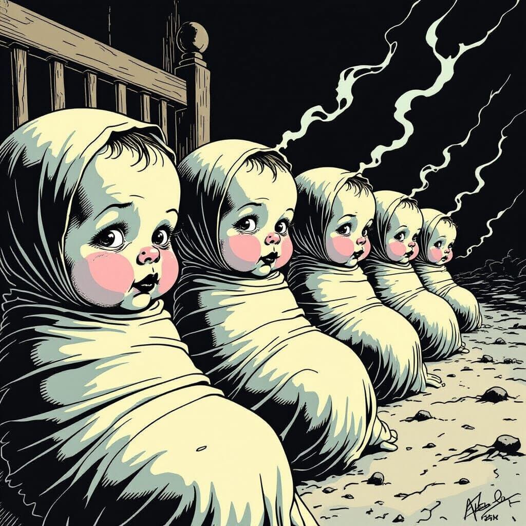 Infants with Serpentine Wisps in Comic Style