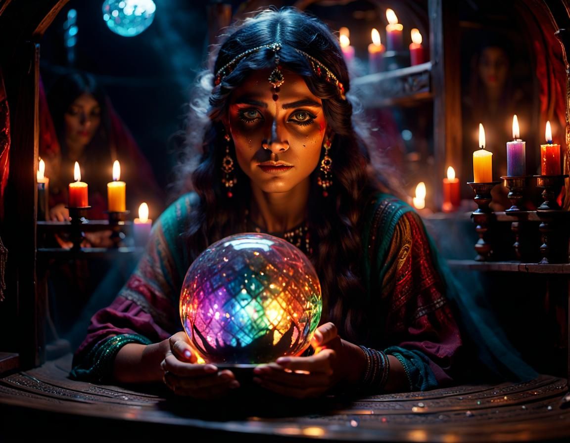 Mystical Gypsy Woman Gazing into Crystal Ball