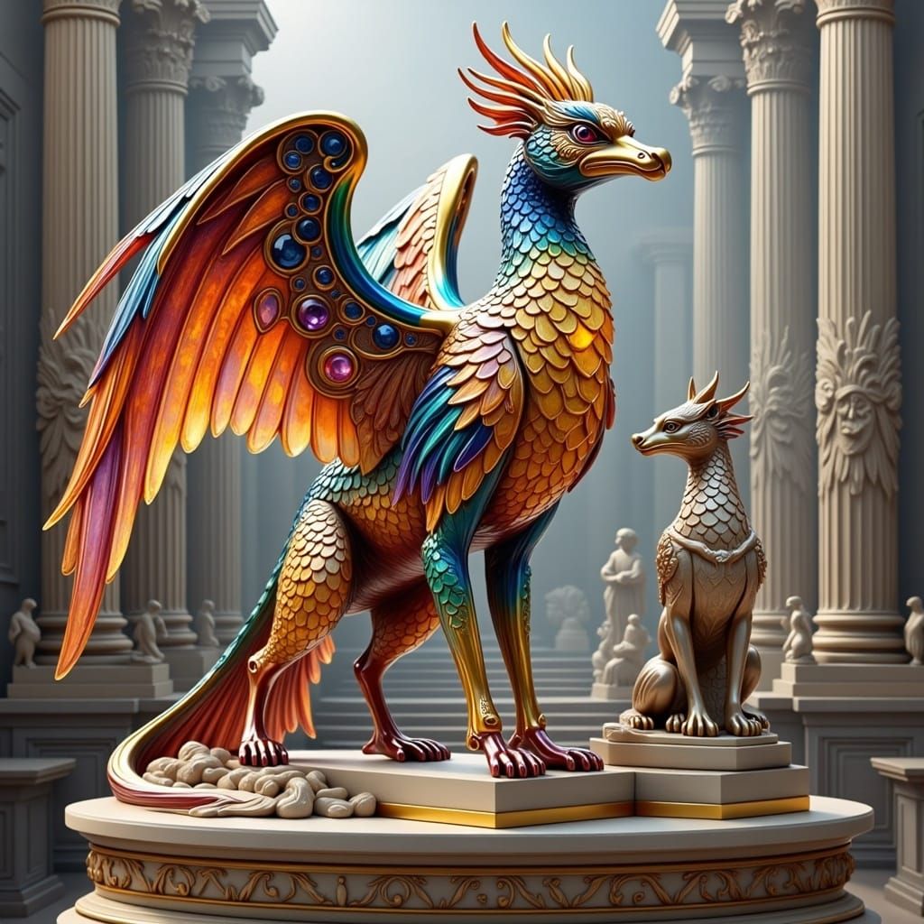Gemstone Gryphon and Dragon Statue in Roman Ruins
