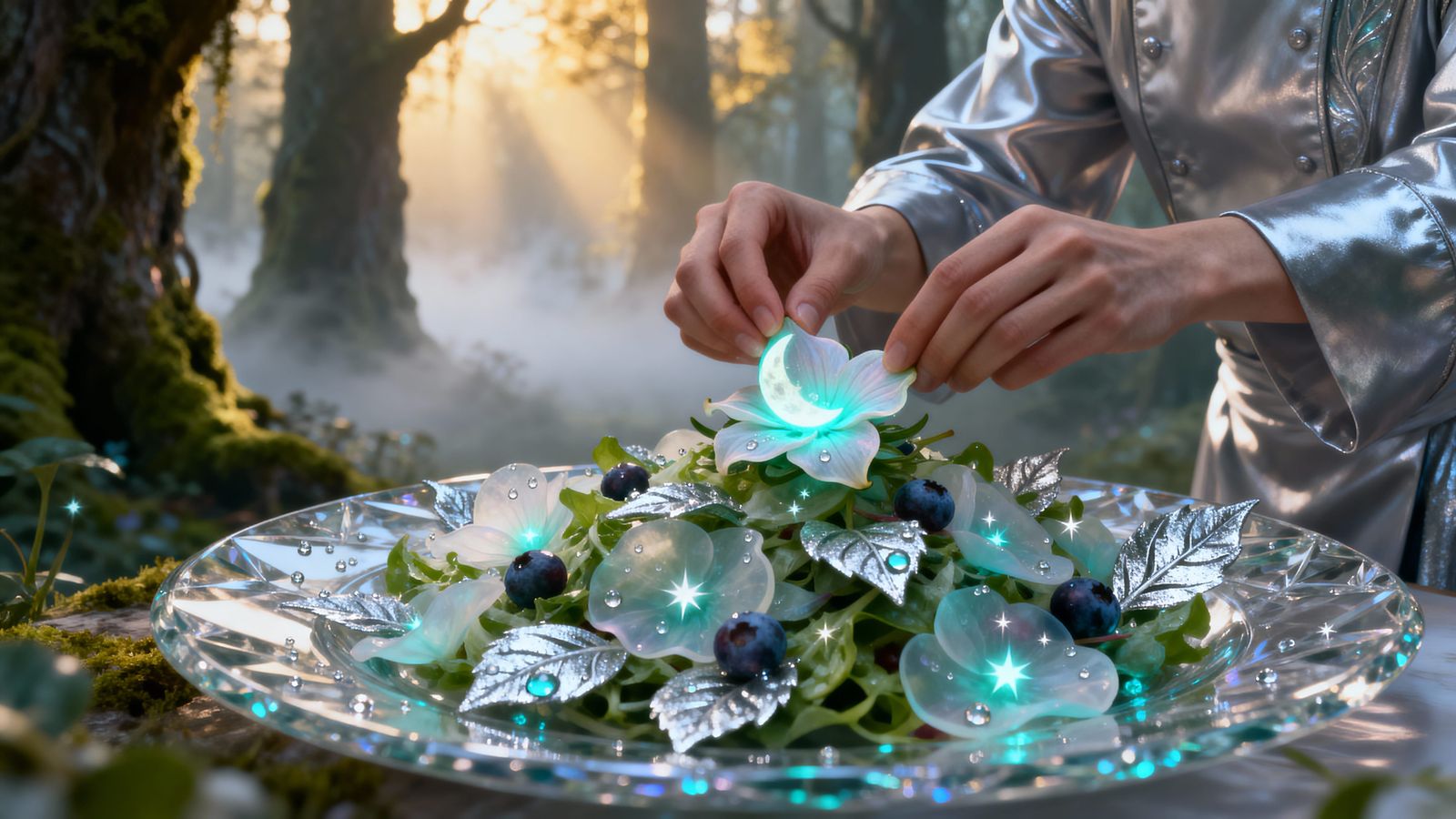 Ethereal Elven Salad on Crystal Plate in Misty Forest