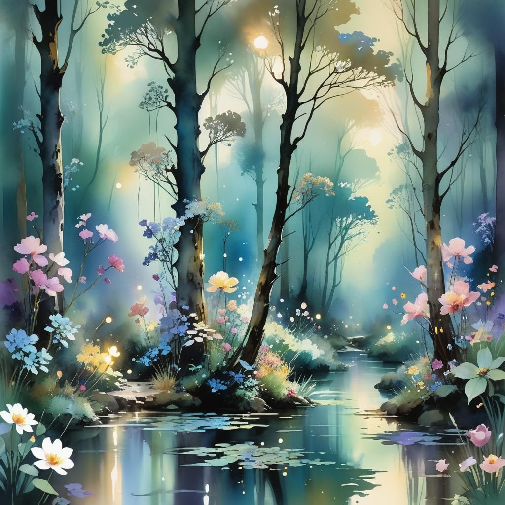 Enchanted Forest Watercolor Painting with Glowing Lights