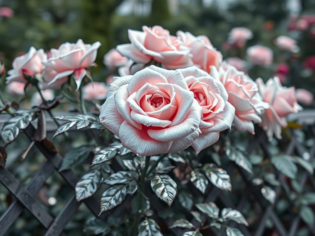 Surreal Chrome Roses on Lattice Fence
