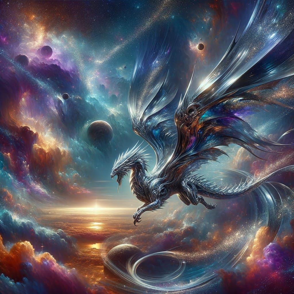 Chrome Dragon Soaring Through Nebula Sky