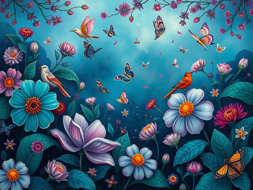 Surreal Garden Dreamscape with Oversized Flowers and Whimsic...