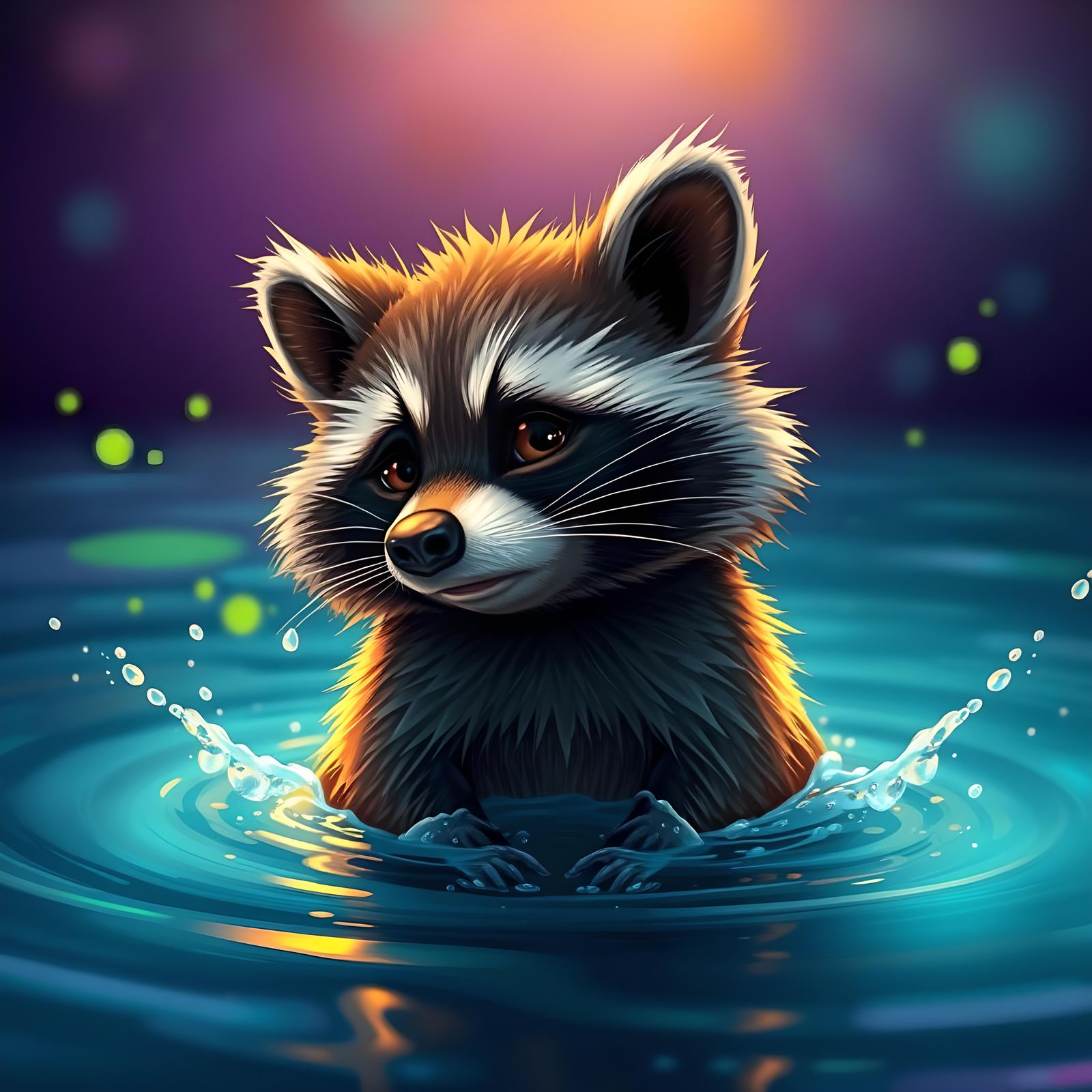 Hyperrealistic Raccoon Splashing in Night Pool